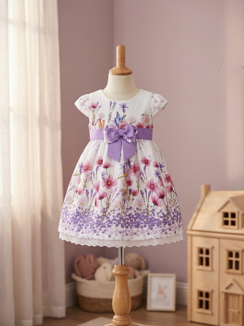 Blueberi Boulevard White and Lavender Floral Bow Dress
